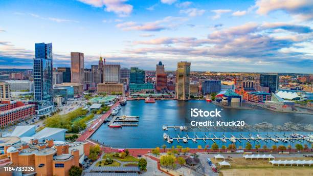 Baltimore Maryland Usa Inner Harbor Skyline Aerial Panorama Stock Photo - Download Image Now