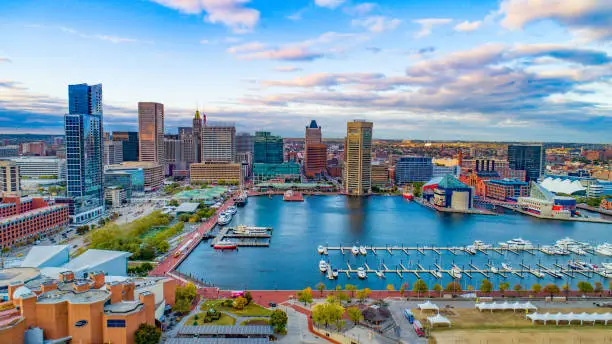 Baltimore, Maryland, USA Inner Harbor Skyline Aerial Panorama.