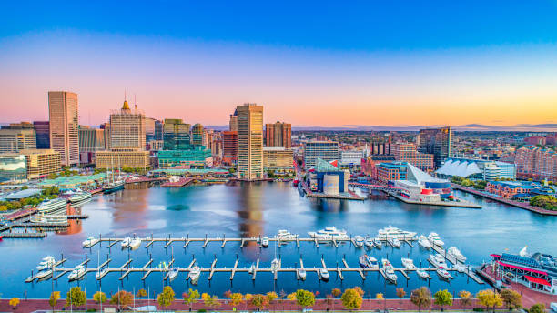 Baltimore Maryland MD Inner Harbor Skyline Aerial Baltimore Maryland MD Inner Harbor Skyline Aerial. towson photos stock pictures, royalty-free photos & images