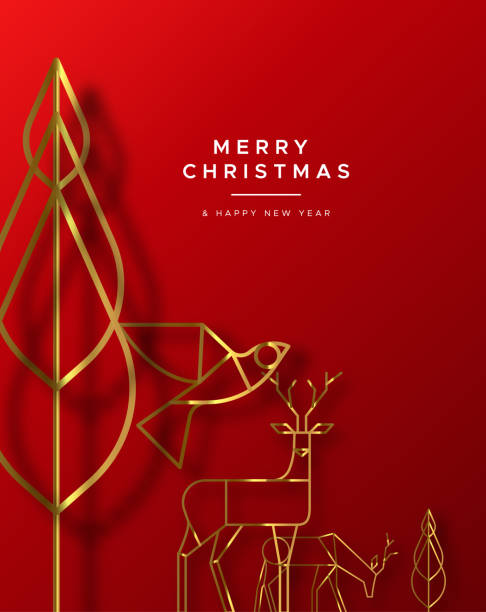 크리스마스 새해 레드 카드 골드 아트 데코 동물 - deco decoration christmas christmas tree stock illustrations
