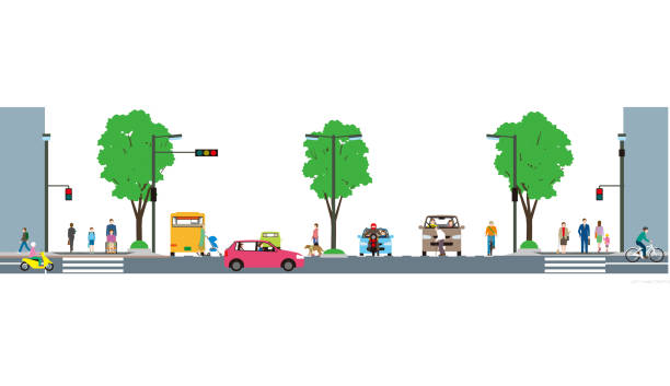 왼쪽 교통 도로에 자동차와 보행자의 장면. - car traffic road transportation stock illustrations