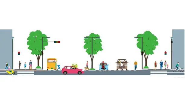 Vector illustration of Scenes of cars and pedestrians on the left-hand traffic road.