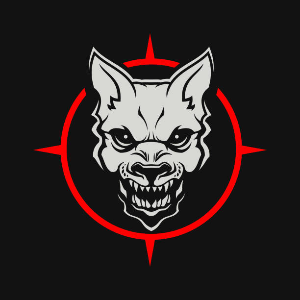 ilustrações de stock, clip art, desenhos animados e ícones de angry dog or wolf head cut out silhouette. growling mad dog with open mouth - stylized mascot on a dark background - devil dogs