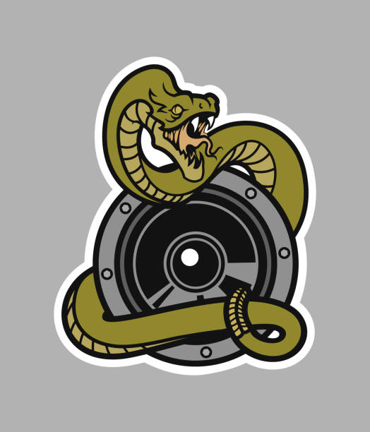 ilustraciones, imágenes clip art, dibujos animados e iconos de stock de serpiente de cascabel con la boca abierta envuelta alrededor de un altavoz - snake rattlesnake poisonous organism fang