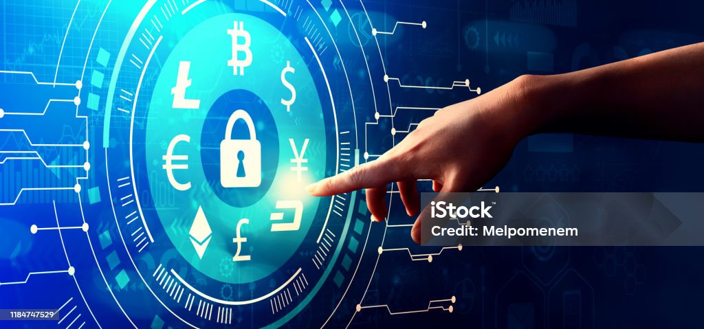 Cryptocurrency security theme with hand pressing a button Cryptocurrency security theme with hand pressing a button on a technology screen Litecoin Stock Photo