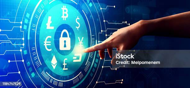 Cryptocurrency Security Theme With Hand Pressing A Button Stock Photo - Download Image Now