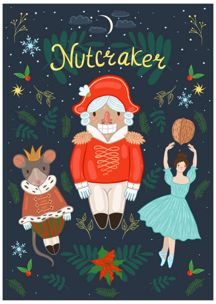 illustrazioni stock, clip art, cartoni animati e icone di tendenza di poster schiaccianoci con uno schiaccianoci, ballerine, mouse ed elementi decorativi. grafica vettoriale. - nutcracker