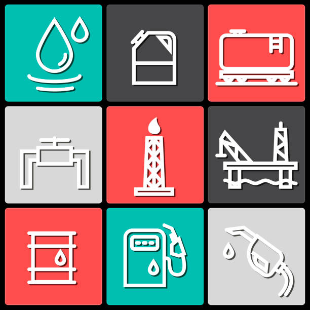 벡터 오일 및 가솔린 산업 개체 아이콘 세트 - oil drum fuel storage tank barrel container stock illustrations