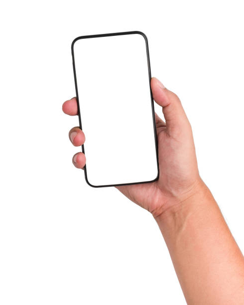 istock Human hand holding the touch screen mobile phone on isolated white background with clipping path. 1184769248