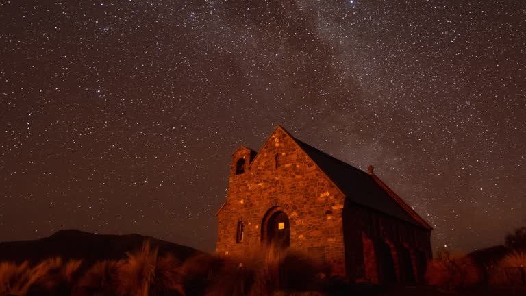 Milky Way Over Church of The Good Shepherd with Clear Sky, Milky Way Time Lapse
