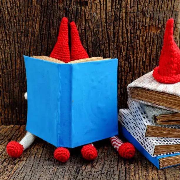 Busy concept with two gnome sitting face hidden by book, looking for information, stack of book beside on wooden background