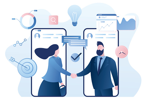 Online agreement concept background. Handshake after successful negotiations. Businesspeople on smartphones screen. Male and female characters and elements in trendy style. Vector