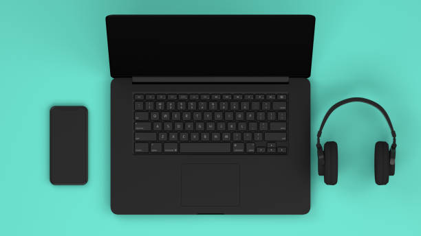 3D Rendering of Workplace, Technology Idea Concept, Black Laptop and Technology Items. Flat Lay, top view.