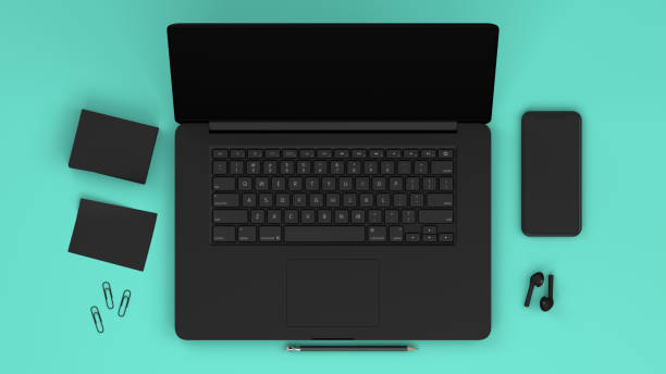 istock Top View of Workplace with Black Laptop, Technology Idea Concept 1184776766