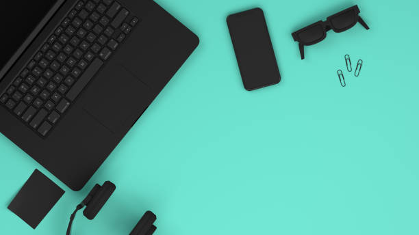 istock Top View of Workplace with Black Laptop, Technology Idea Concept 1184777350