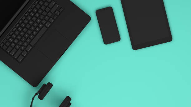 istock Top View of Workplace with Black Laptop, Technology Idea Concept 1184777400