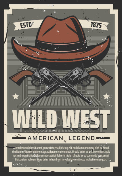illustrazioni stock, clip art, cartoni animati e icone di tendenza di cappello da cowboy wild west, poster retrò vintage occidentale - rifle gun old wild west