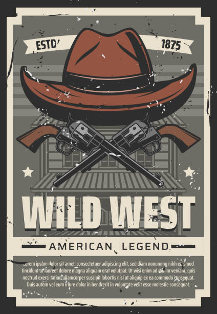 Wild West cowboy hat, Western vintage retro poster Western vintage retro poster, Wild West cowboy hat and revolver guns. Vector American legend Western cowboy saloon and bandit or robber pistol shotguns with sheriff office stars legacy west stock illustrations