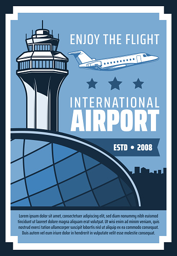 Air travel and tourism, vintage poster of international airport or tourist company. Vector airplane in airport terminal with air traffic control tower, passenger aviation and airline jet flights