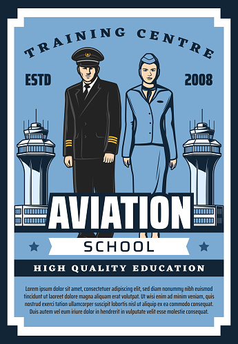 Civil aviation school, pilot and flight attendant training center vintage retro poster. Vector airline service staff premium quality education, pilot and stewardess in uniform at airport