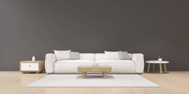 istock Perspective of modern luxury living room with white sofa and side table on grey wall background, Minimal. - 3D rendering. 1184779708