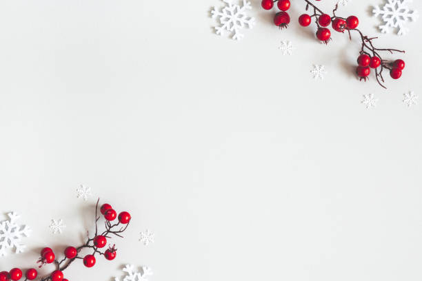 kerst of winter samenstelling. sneeuwvlokken en rode bessen op grijze achtergrond. kerstmis, winter, nieuwjaar concept. platte lay, bovenaanzicht, kopieer ruimte - spaarzaam compositie stockfoto's en -beelden