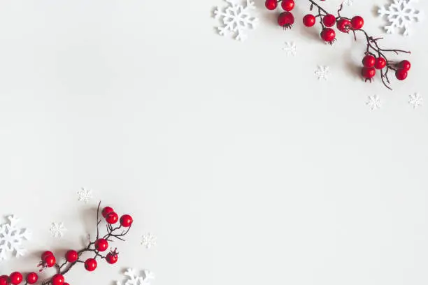 Photo of Christmas or winter composition. Snowflakes and red berries on gray background. Christmas, winter, new year concept. Flat lay, top view, copy space