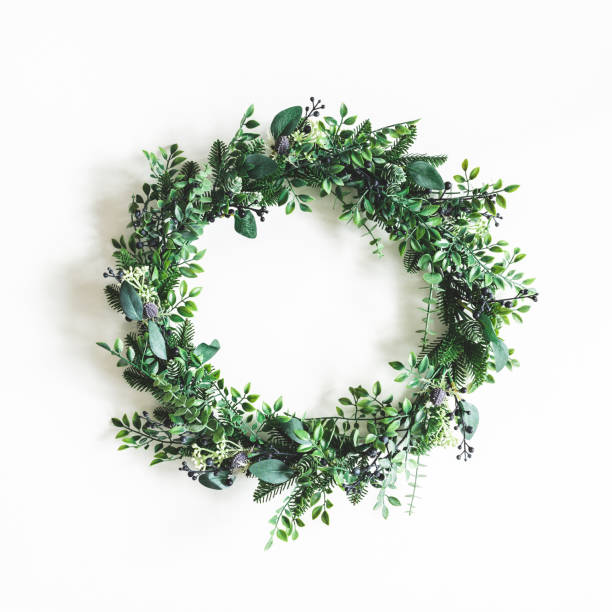 Christmas composition. Christmas wreath on white background. Flat lay, top view
