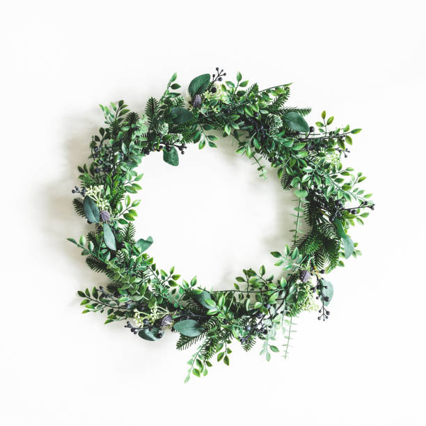 Christmas composition. Christmas wreath on white background. Flat lay, top view Christmas composition. Christmas wreath on white background. Flat lay, top view wreath photos stock pictures, royalty-free photos & images