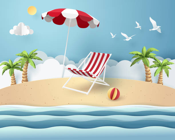 Paper art of red car park at beach, origami and travel concept Paper art of red car park at beach, origami and travel concept, vector art and illustration. red beach chairs stock illustrations