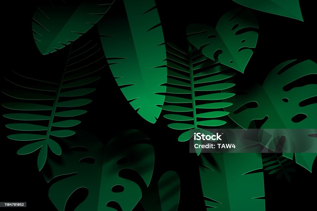 Paper art of tropical leaf on black Paper art of tropical leaf on black, vector art and illustration. Rainforest stock vector