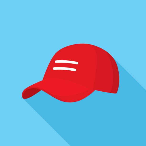 Red Baseball Cap Icon Flat Vector illustration of a red baseball cap against a blue background in flat style. cap hat illustrations stock illustrations