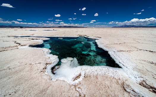 hole filled up of ultra salty water in the middle of the salt flat