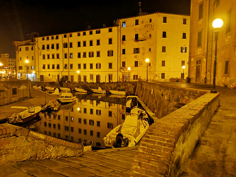 Canal in Venezia quarter by night, Livorno, Tuscany