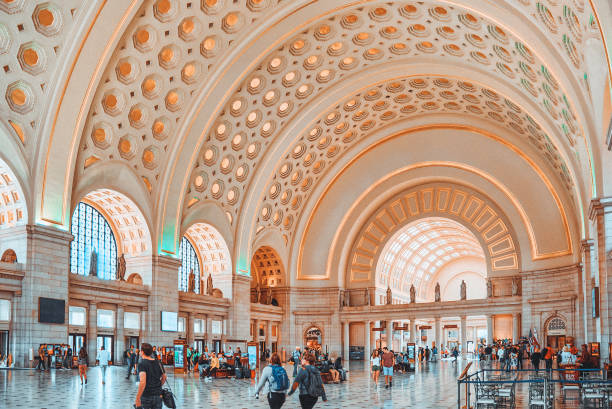 Interior hall Washington Union Station, railway Station Building with people. Washington, DC, USA- September 09, 2017 : Interior hall Washington Union Station, railway Station Building with people. major us cities stock pictures, royalty-free photos & images