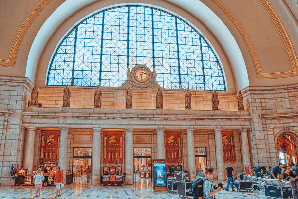 Interior hall Washington Union Station, railway Station Building with people. Washington, DC, USA- September 09, 2017 : Interior hall Washington Union Station, railway Station Building with people. major us cities stock pictures, royalty-free photos & images