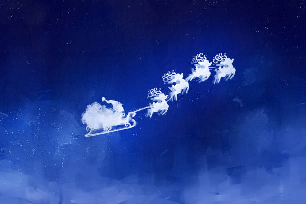 순록, 캔버스 질감에 아크릴, 스토리 텔링 일러스트와 썰매에 산타 클로스 놀이기구의 디지털 아트 페인팅 - silhouette snow digitally generated image illustration and painting stock illustrations