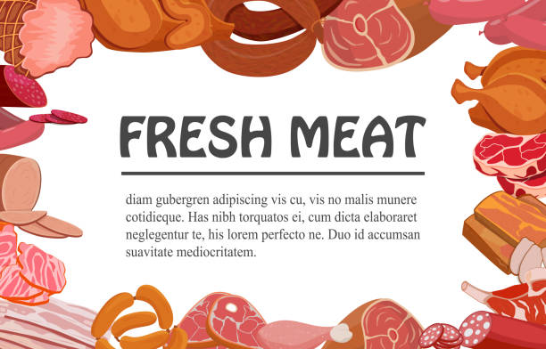 ilustrações de stock, clip art, desenhos animados e ícones de banner with meat products. roast chicken and prime rib, sausage, salami and ham, sirlon, bacon, sucuk and smoked meat, turkey and  t-bone steak.  vector illustration. - steak meat beef t bone steak