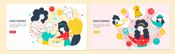 Kids and money landing page vector template set Kids and money landing page vector template set. Family and child finance website interface idea. Financial literacy homepage layout. Reasonable budget planning cartoon web banner, webpage financial literacy stock illustrations