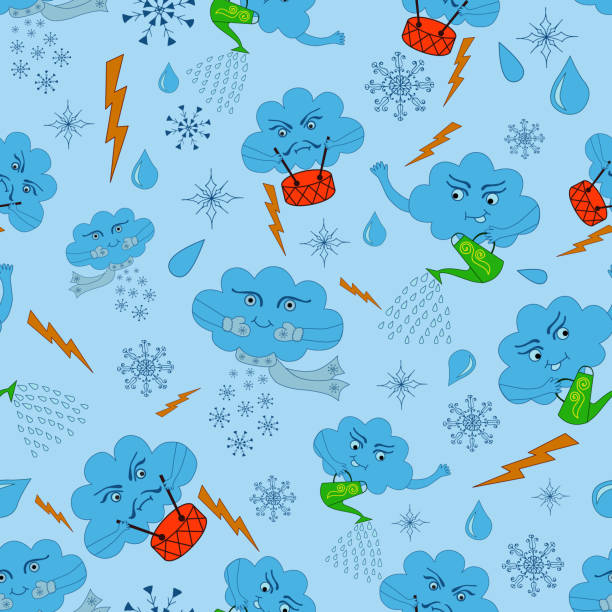 ilustraciones, imágenes clip art, dibujos animados e iconos de stock de patrón sin costuras en la nube - seamless pattern meteorology snowflake