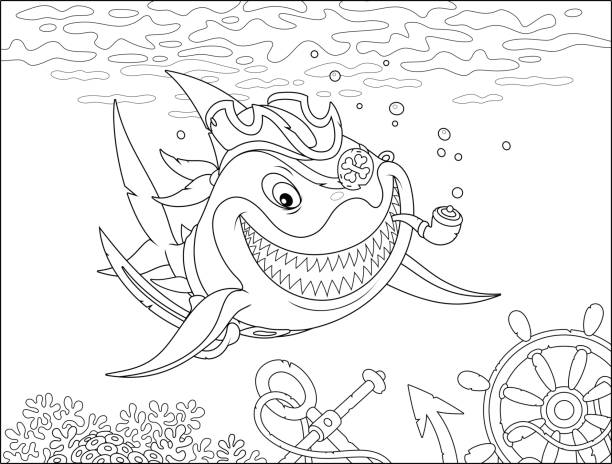stockillustraties, clipart, cartoons en iconen met perfide grote witte haai piraat - toy shark