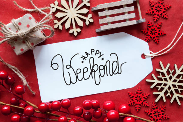 istock Bright Red Christmas Decoration, Label, Happy Weekend 1184793196