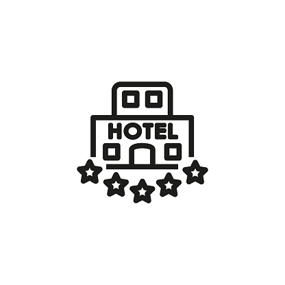 Five star hotel line icon. Hotel building, five star, assessment. Hotel concept. Vector illustration can be used for topics like hotel business, tourism, service industry