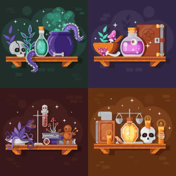 Vector illustration of Magic Potion Bottles and Ingredients Collection