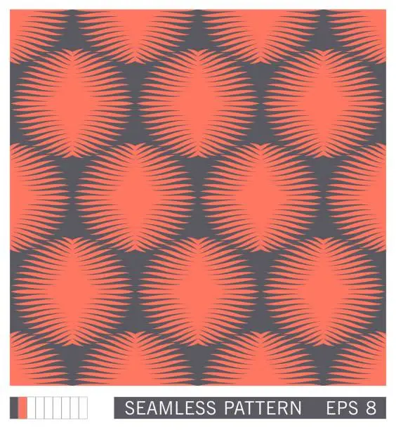 Vector illustration of Seamless pattern. Symmetrical round shapes with rays. Floral motif. Retro halftone shading effect. Trendy vector design