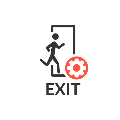 Emergency exit with human figure icon with settings sign, customize, setup, manage, process symbol.