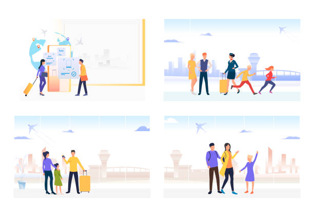 Passengers in airport set Passengers in airport set. Family tourists holding luggage and boarding passes. Flat vector illustrations. Vacation, trip, flight concept for banner, website design or landing web page airport backgrounds stock illustrations