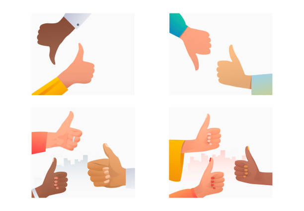 Thumb gestures set Thumb gestures set. Multiethnic group of people making like and dislike hand gestures. Flat vector illustrations. Approval, feedback concept for banner, website design or landing web page positive negative slide stock illustrations