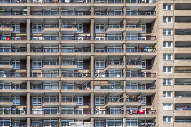 London high rise tower block showing exterior and balconies Facade of a Brutalist style tower block, trellick tower, in London trellick tower stock pictures, royalty-free photos & images