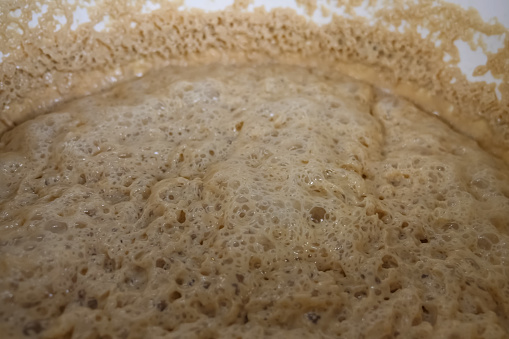 Thick foam in a brewing tank. foam from water and barley.